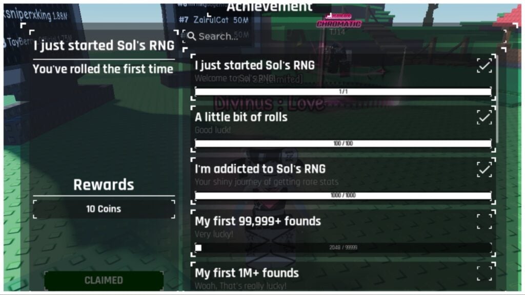 image shows achievements page with some completed and some empty.