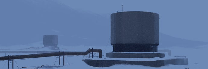 Concept art for Playdead's unnamed third game showing pipes and looming industrial buildings in a blanket of snow.