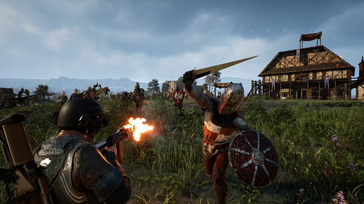 A medieval soldier running at the player character with their sword raised. Meanwhile, the player character is shooting him with a gun. 