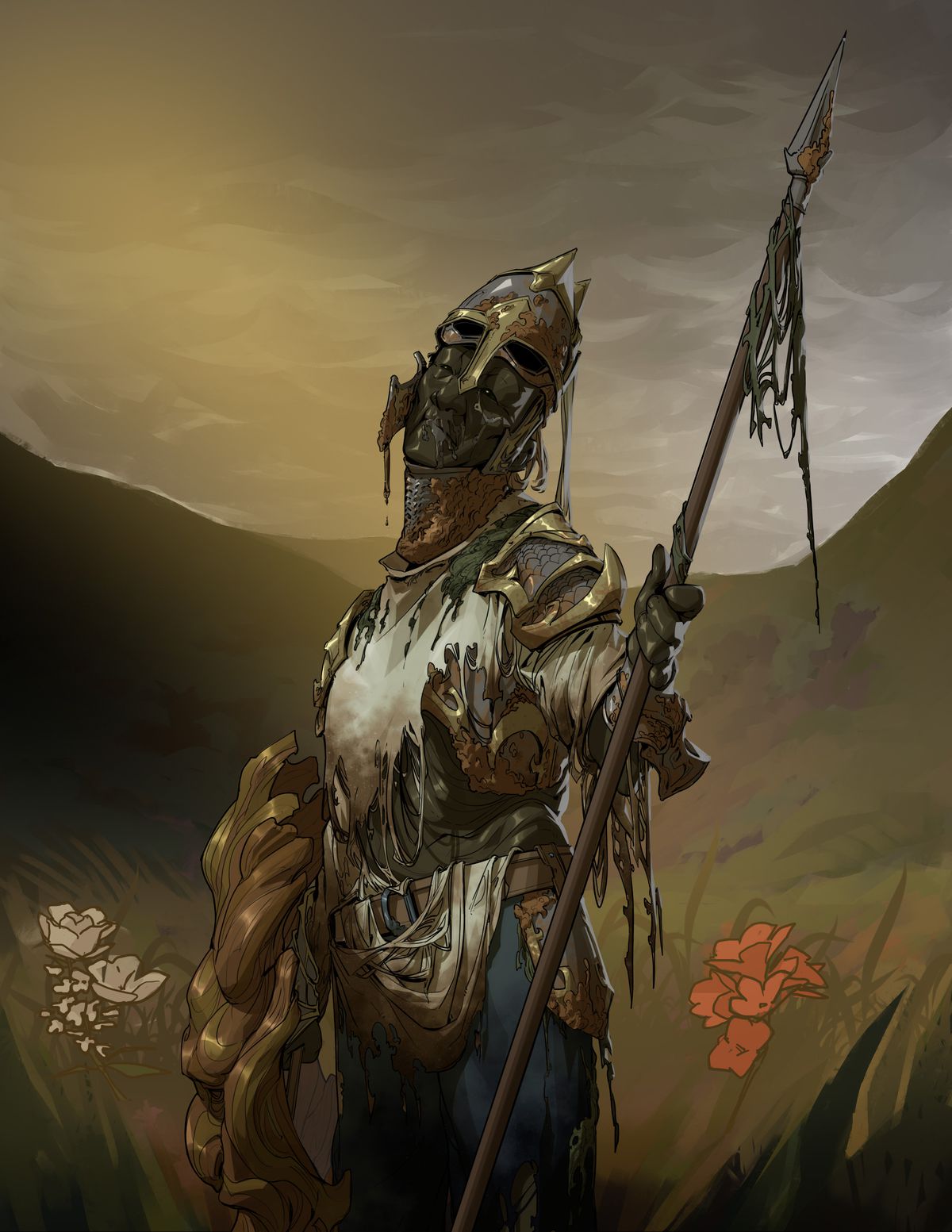 A wet, zombie-like creature wearing ancient arms and armor. It’s standing in a brown swamp with several bright flowers glowing from the mud.