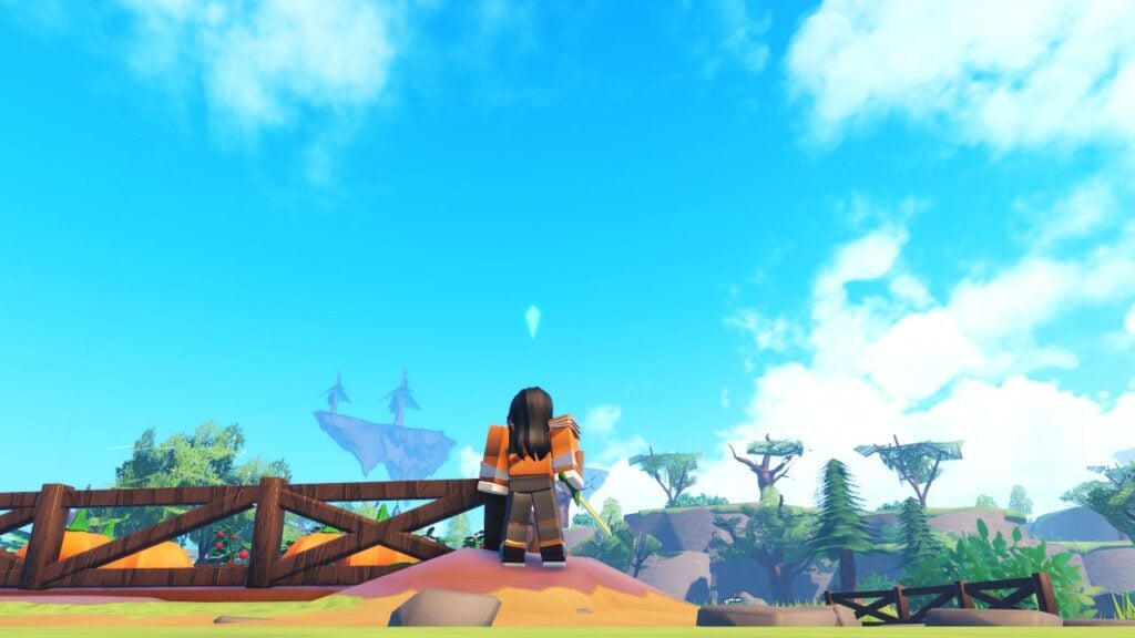 Feature image for our Swordburst 3 tier list. It shows a player character stood by a foot fence, looking up at a blue sky of floating islands,