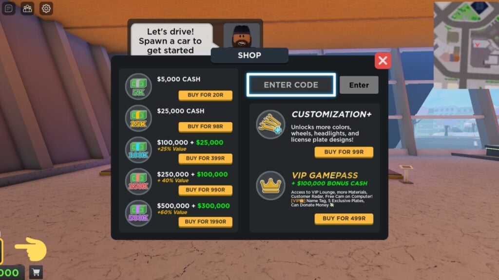 A screenshot of the shop menu in Roblox game Taxi Boss.