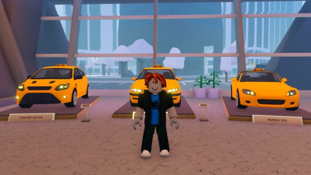 A character from Roblox game Taxi Boss, standing in front of three yellow taxis. Behind them, a glass window with views of city streets.