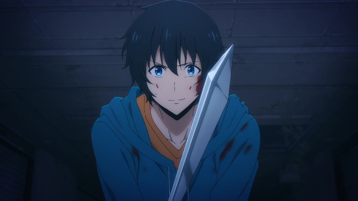 A black-haired anime boy in a blue hoodie with blood stains on his face holding a sword in a dark hallway.