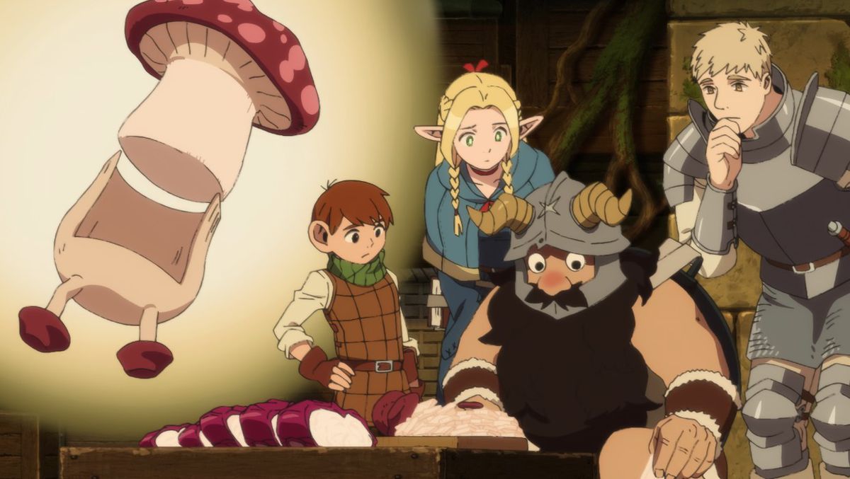 A group of adventurers in various outfits and armor dissecting a mushroom monster to cook in Delicious in Dungeon.
