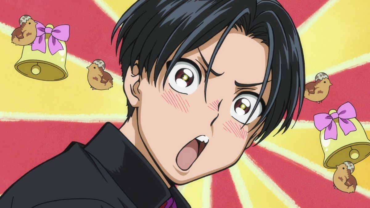 A close-up shot of a black-haired anime boy blushing with pink-ribboned bells and baby chickens surrounding his expression.
