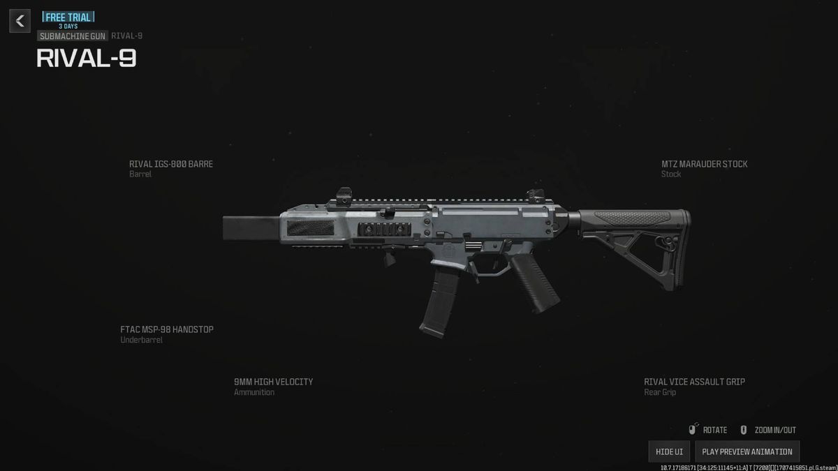 The Rival 9 SMG rests over a black background in key art for the best guns in MW3 as of season 2.
