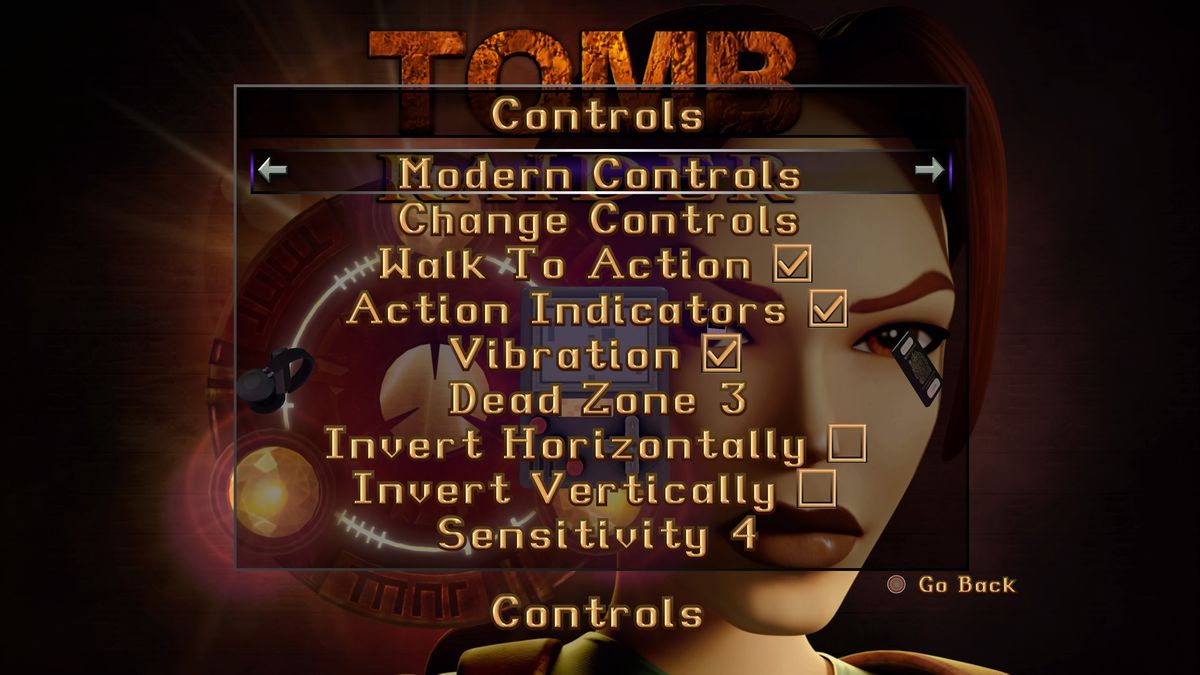 A screenshot from Tomb Raider 1-3 Remastered, showing the control options menu