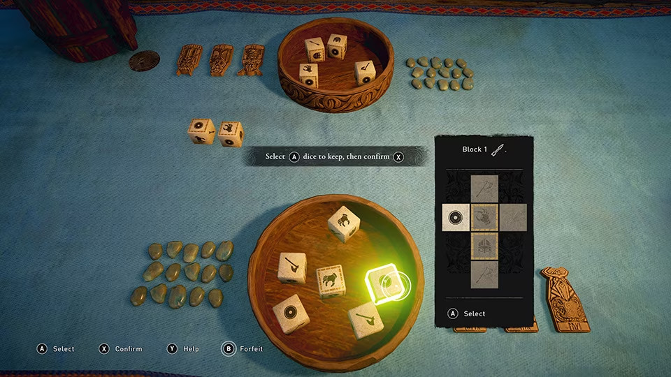 A game of Orlog close up. A dice is highlighted on the player’s side of the table. All the dice are in a bowl, and there is another set on the opponent’s side.