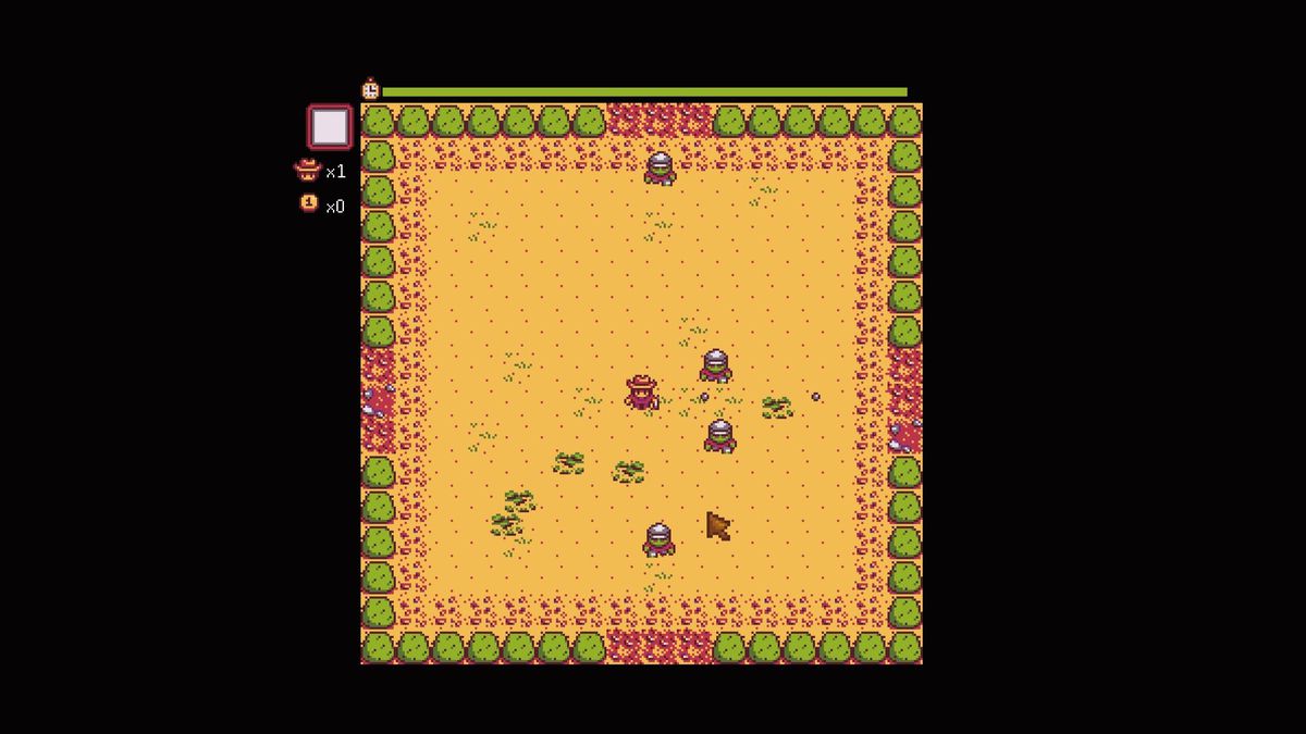 Journey of the Prairie King in Stardew Valley. It’s top down, and there’s a little cowboy in the center, and he’s surrounded by enemies.