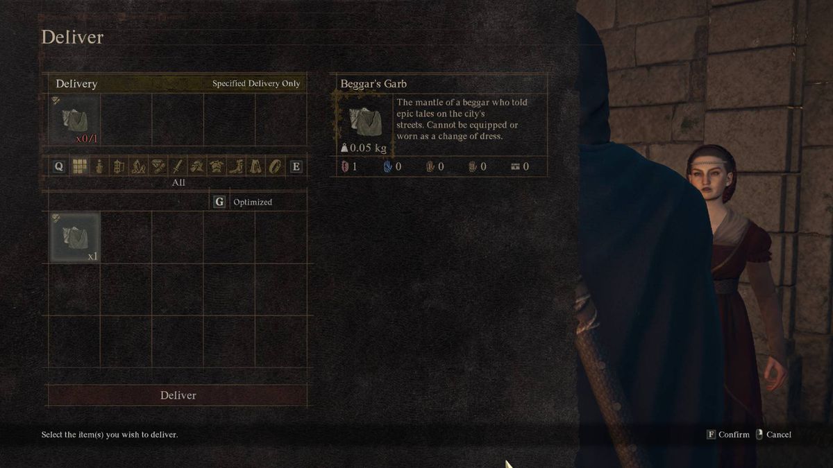A menu shows the Beggar’s Garb in a quest in Dragon’s Dogma 2.