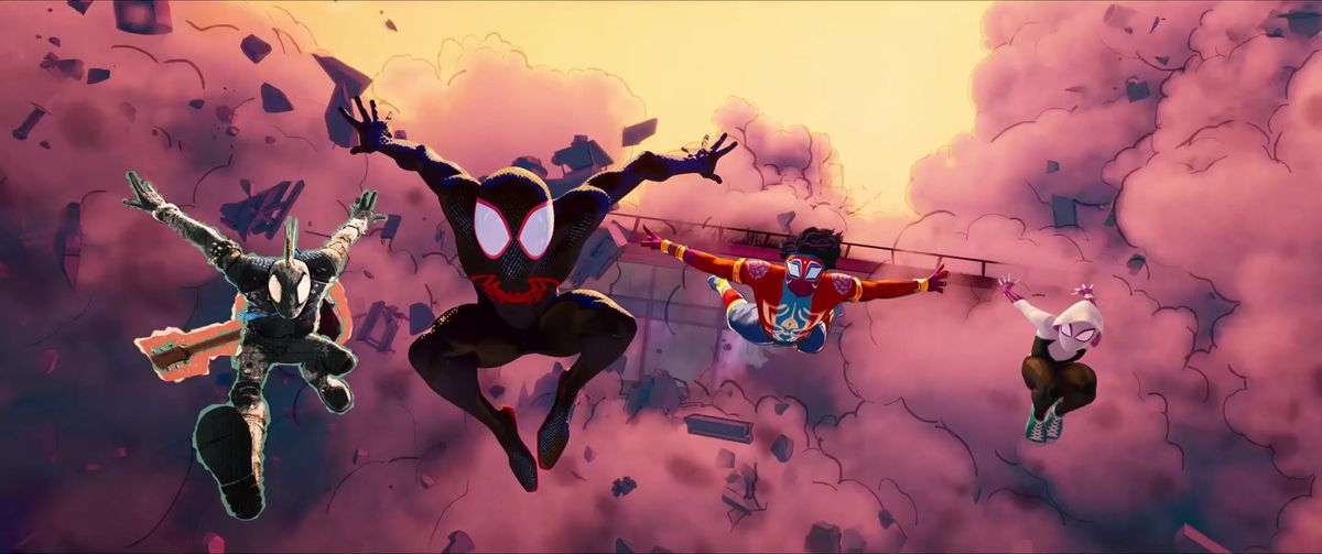 (L-R) Spider-Punk, Miles Morales, Spider-Man India, and Spider-Gwen leaping in unison from the edge of a collapsing building in Spider-Man: Across the Spider-Verse.