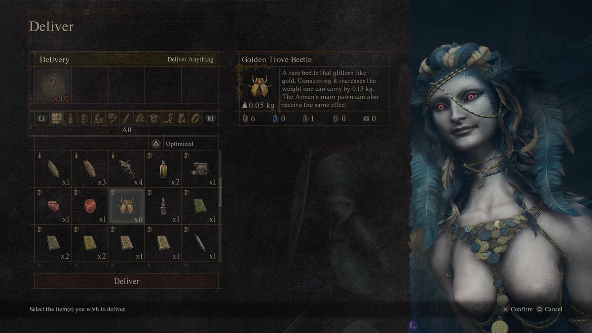 A menu shows a Golden Trove Beetle going to the Sphinx in Dragon’s Dogma 2 for the Riddle of Conviction solution in “A Game of Wits.”