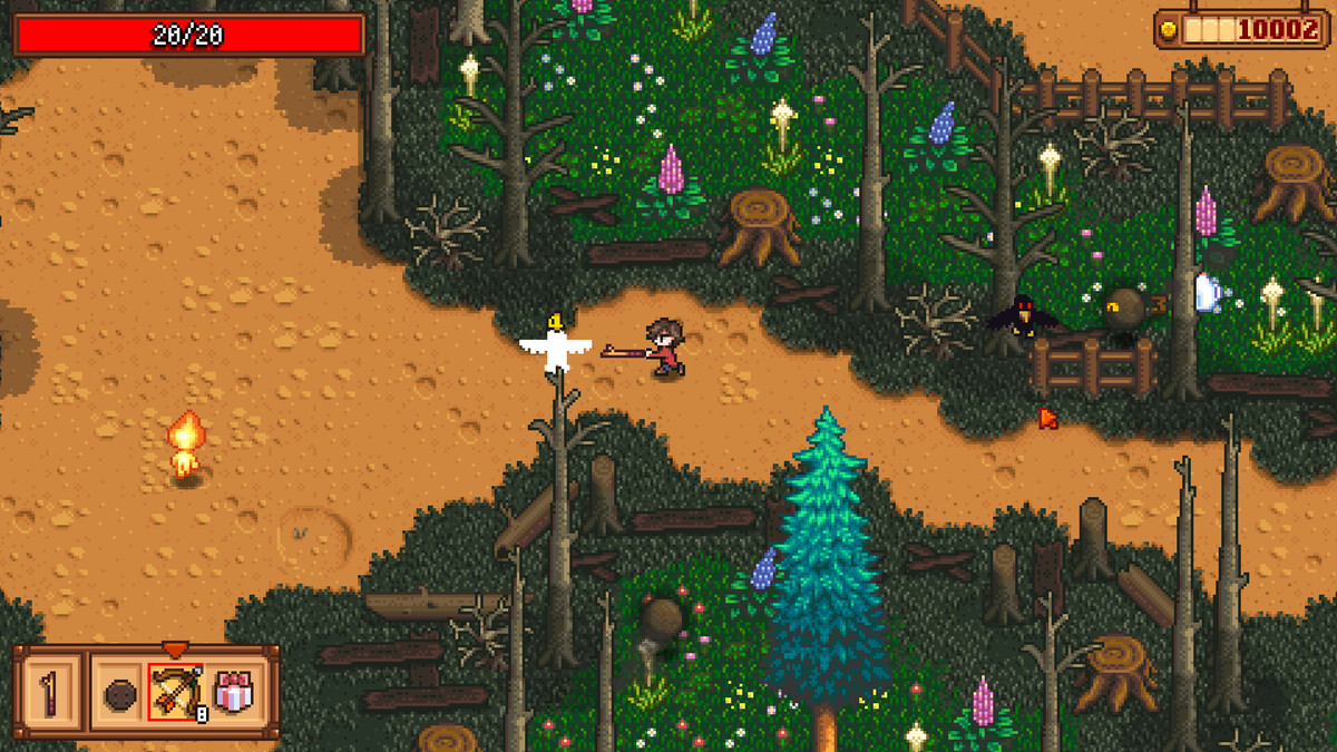 An image of character swinging a stick in the woods rendered in pixel art in a screenshot from Haunted Chocolatier.&nbsp;