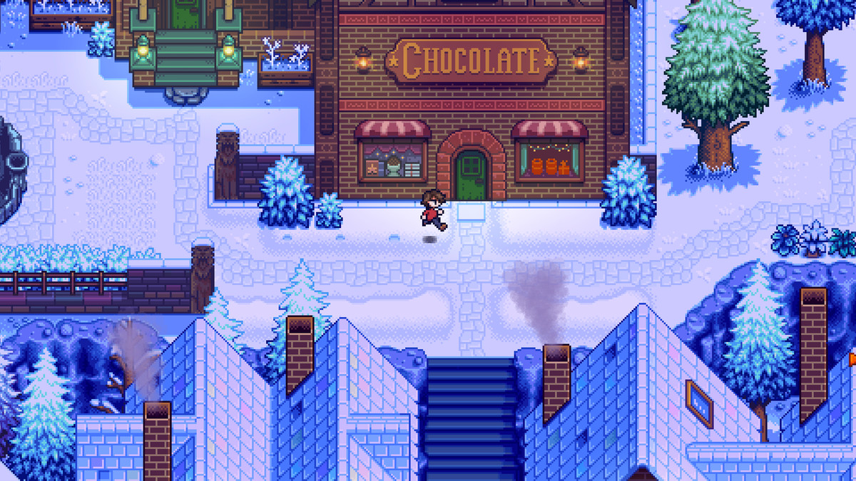 An image of character running through rendered in pixel art in a screenshot from Haunted Chocolatier.&nbsp;They are standing in front of a brick storefront with a sign that says “Chocolate’ on it.