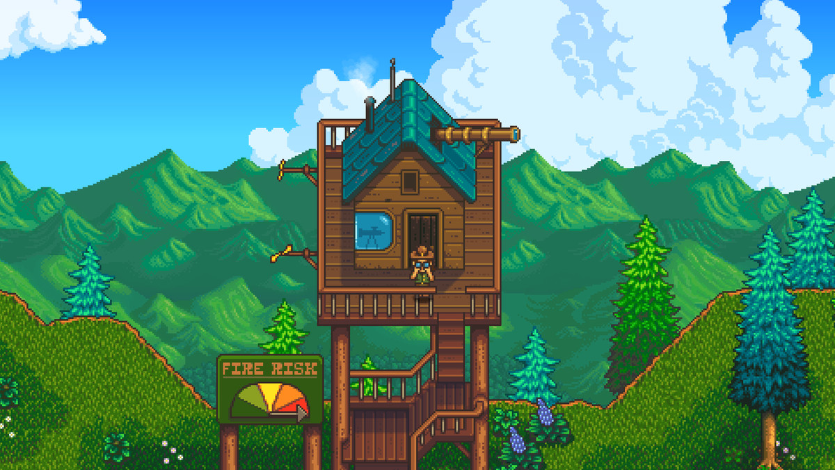 An image of a fire lookout rendered in pixel art in a screenshot from Haunted Chocolatier.&nbsp;There is a house on top and a character with a brimmed hat stands on top of it.