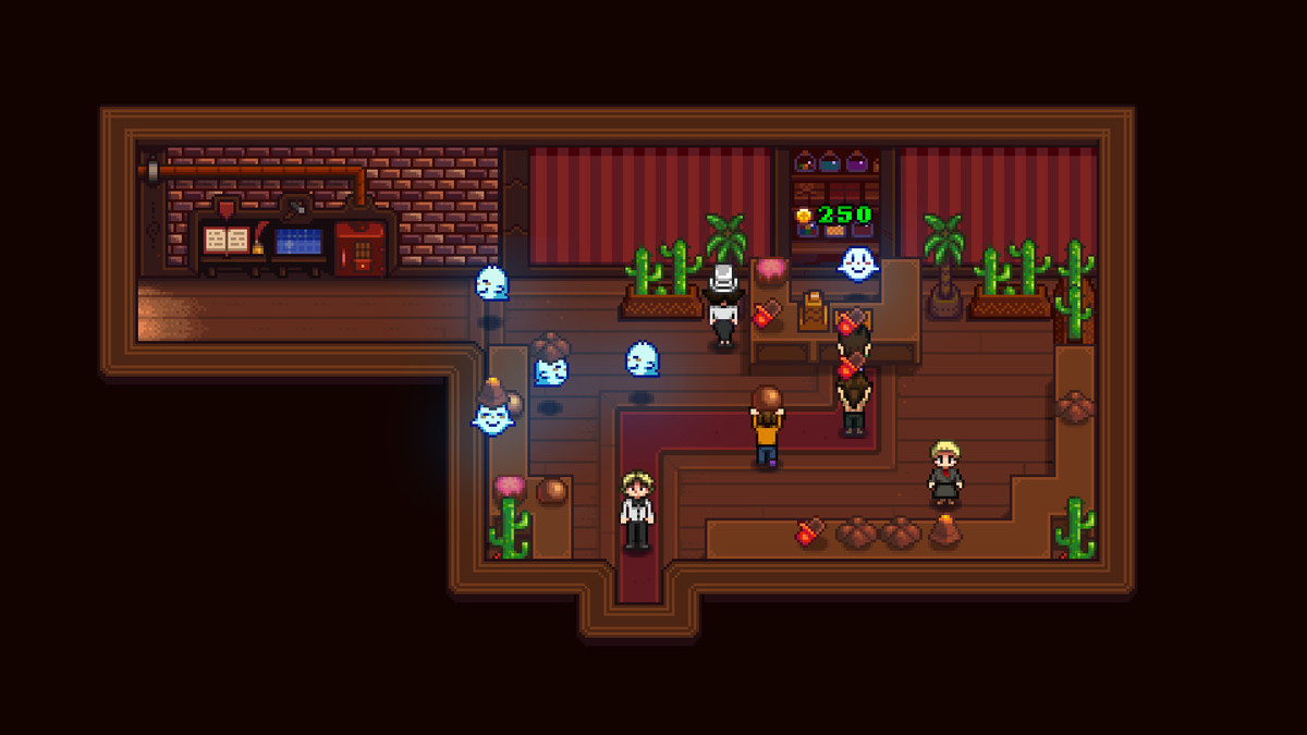 An image of chocolate shop rendered in pixel art in a screenshot for Haunted Chocolatier.&nbsp;It shows little floating ghosts that help tend the store.