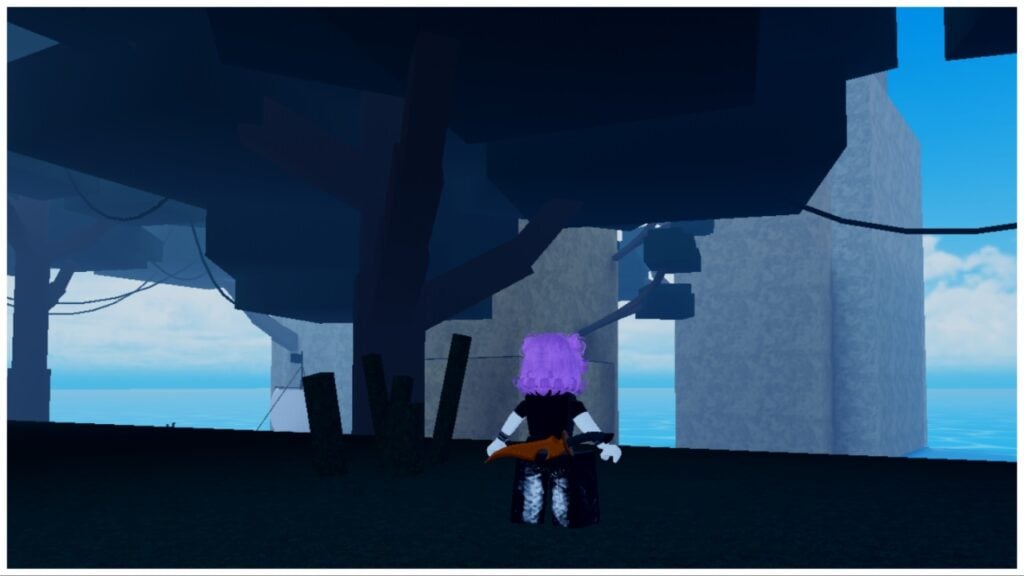 The image shows the back of my avatar who for some reason has pink hair in this game rather than her usual black. In the distance are huge trees with full canopies linked together by ropes and high bridges. Further out from the trees is the distance ocean and tall stone like pillars.