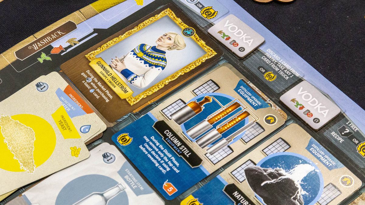 A player board, showing a distiller, her facility, and her incredients. The colors are all blue and yellow. Vodka brands sit along the top of the board.