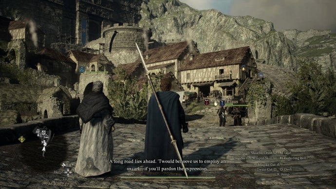 Dragons Dogma 2 preview screenshot showing the character walking through town towards a kind of monastery