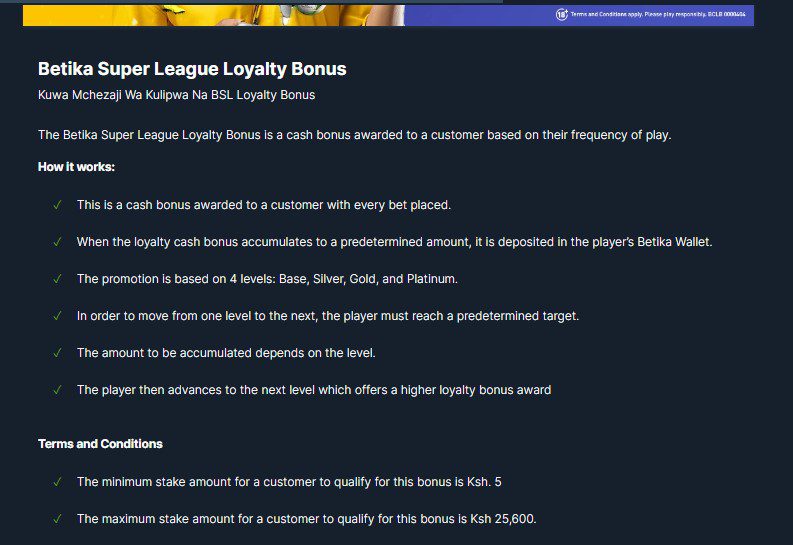 BSL loyalty bonus on Betika