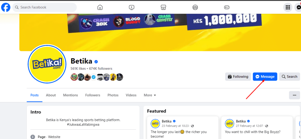Betika facebook page