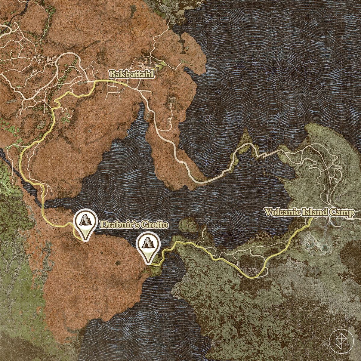 Dragon’s Dogma 2 map showing a back way from Bakbattahl into Agamen Volcanic Island