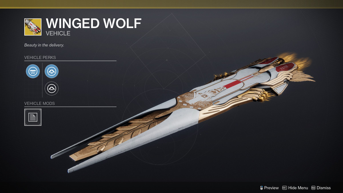 The Winged Wolf Eververse-only Exotic Skimmer in Destiny 2
