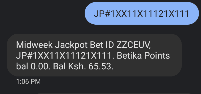 Confirmation message from betika after placing a jackpot via SMS