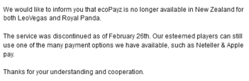 LeoVegas och Royal Panda har slutat erbjuda EcoPayz i Nya Zeeland » Nya Zeelands kasinon