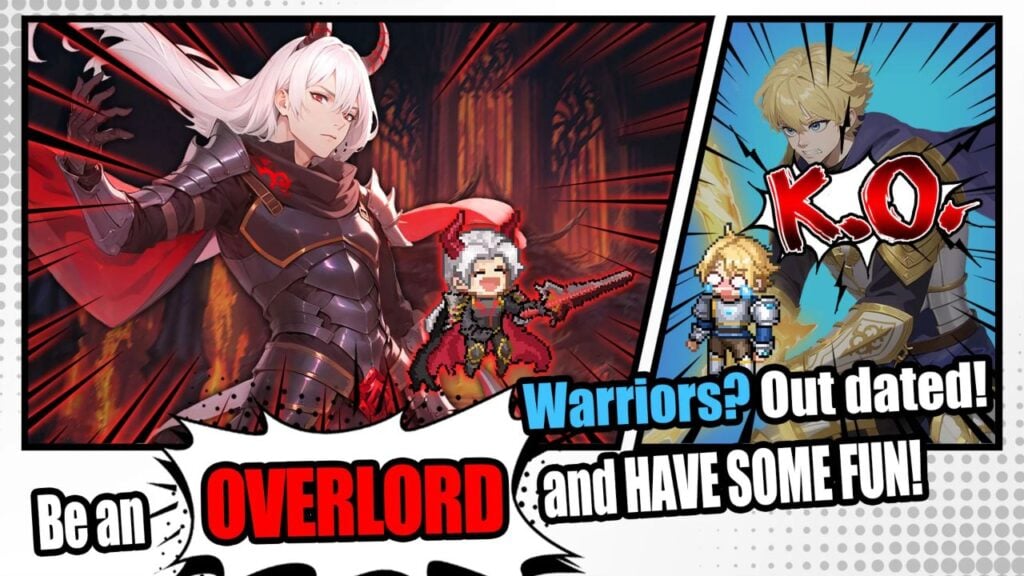 Feature image for our Pixel Overlord codes guide. It shows promotional art of a demon character with long white hair and horns, ans a blonde human character in armor, as well as pixel sprites of them both.