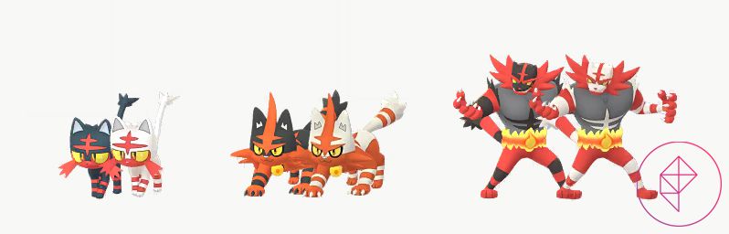 Shiny Litten, Torracat, and Incineroar with their regular versions in Pokémon Go. All three get a white coat of fur instead of black.