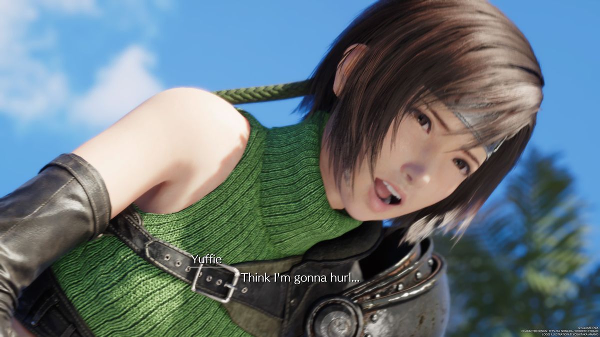 An image of Yuffie being sick and about to vomit after riding in a car in Final Fantasy 7 Rebirth.