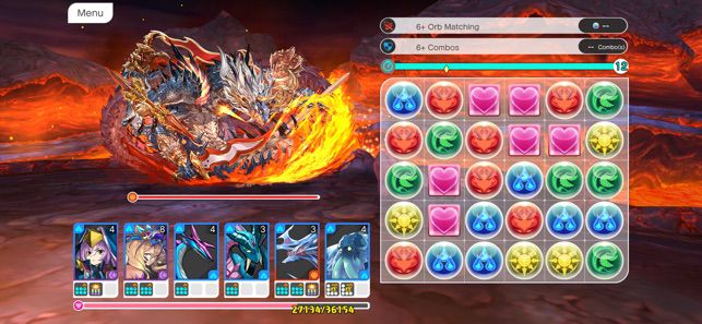 A board in Puzzle &amp; Dragons Story, with a dragon in the background and a match puzzle to solve