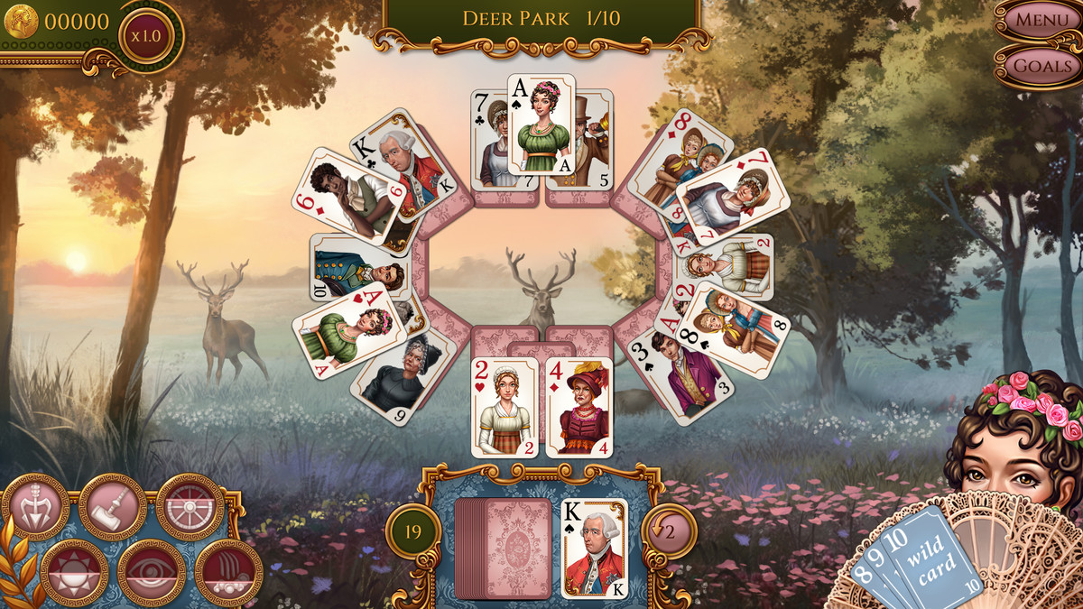 An oval card layout in front of a painting of a dawn meadow with stags in Regency Solitaire 2