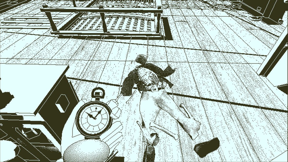 Return of the Obra Dinn - looking at a corpse on the deck