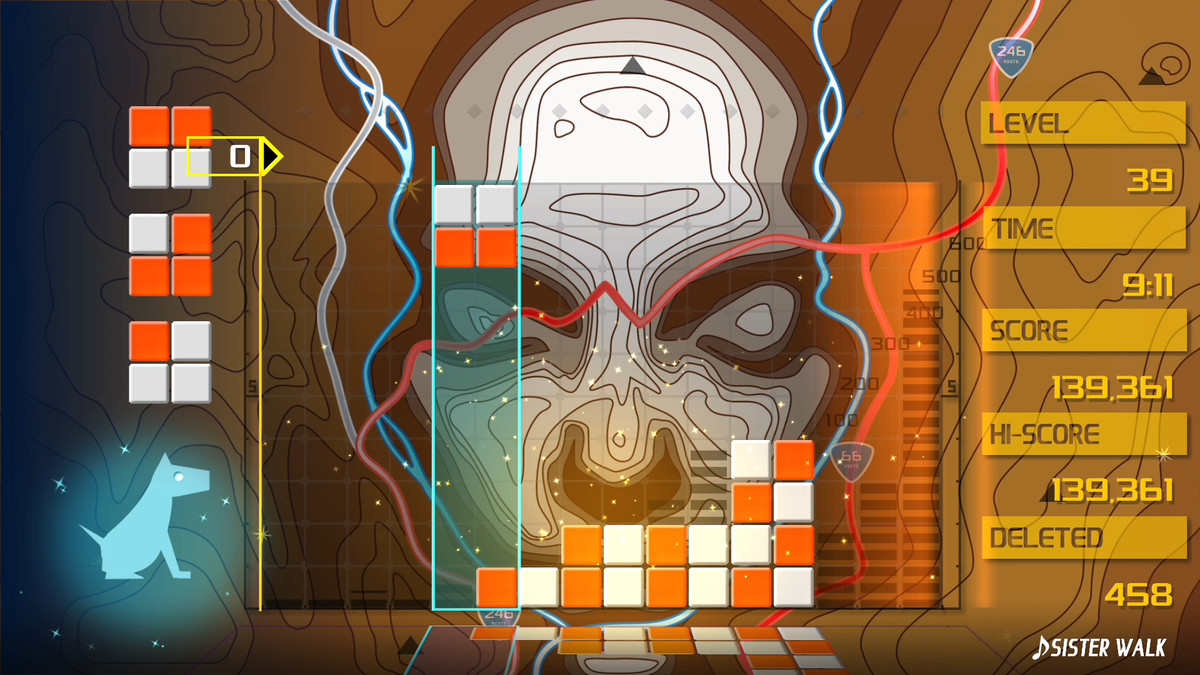 A Tetris-like grid in Lumines, with a face behind the grid.