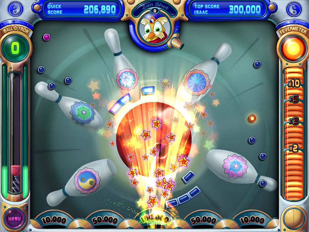 A game board from Peggle, with bowling pins in the background