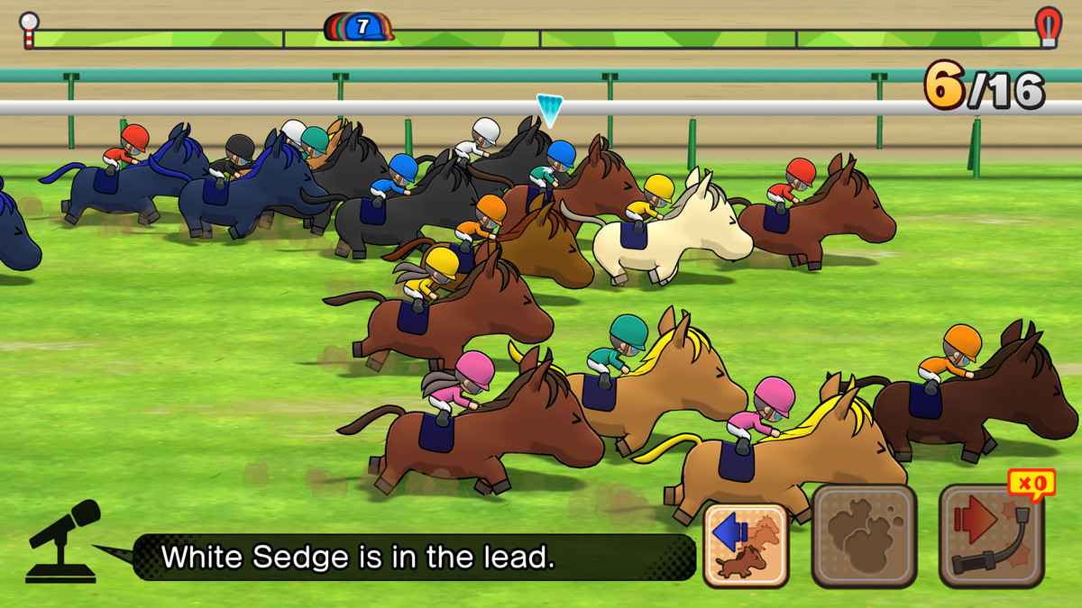 A field of cute horses race around the track in Pocket Card Jockey: Ride On!