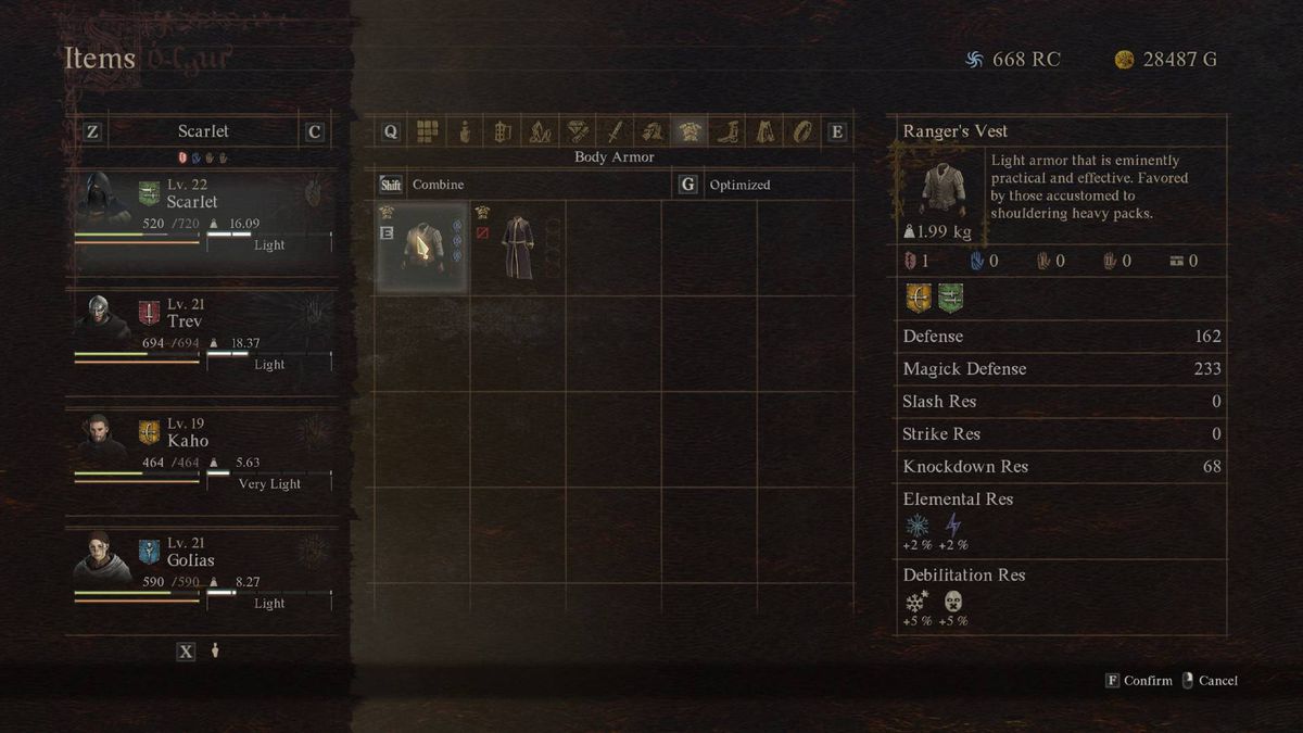 A menu shows the best Thief equipment in Dragon’s Dogma 2.