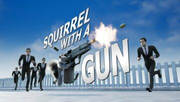 Da ist ein Eichhörnchen mit einer Waffe, das auf die PS5 schießt