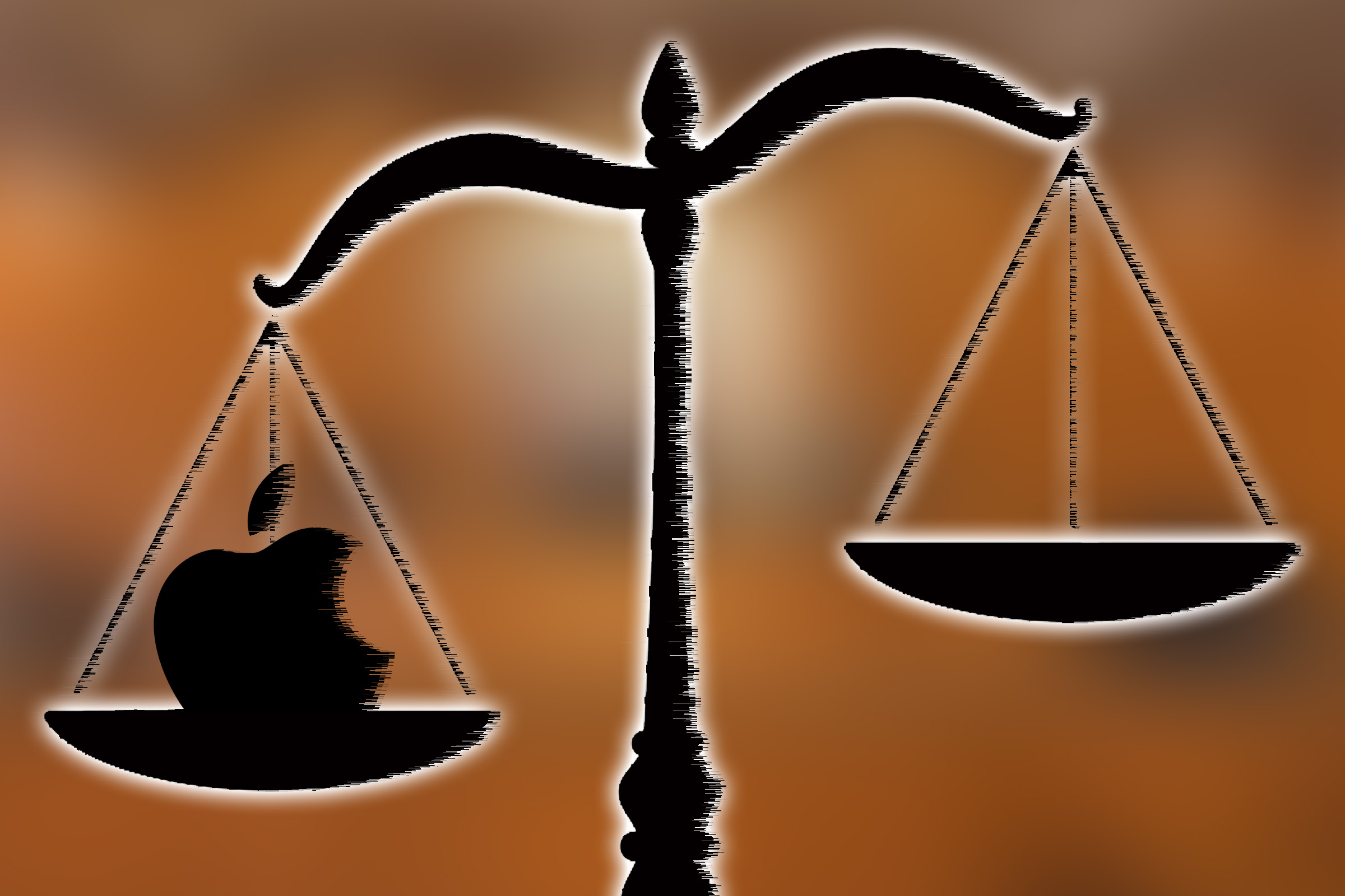 Graphic with scales of justice and apple logo