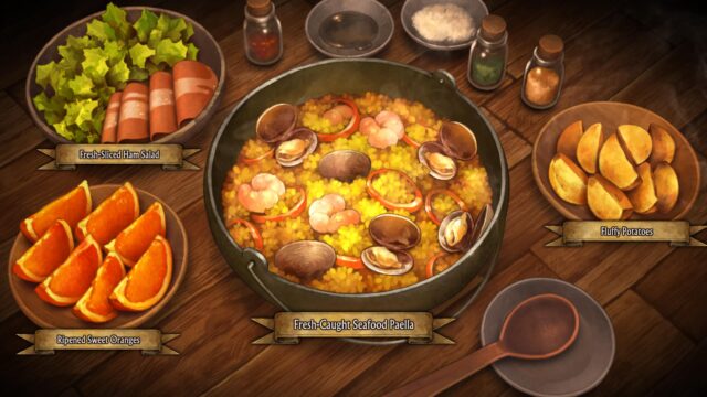 تصویری از بازی Unicorn Overlord. اسکرین شات جدولی با غذاهای خوشمزه به نظر می رسد. مواد غذایی شامل پرتقال شیرین رسیده، سالاد ژامبون تازه برش شده، پائلای تازه صید شده و سیب زمینی کرکی است.