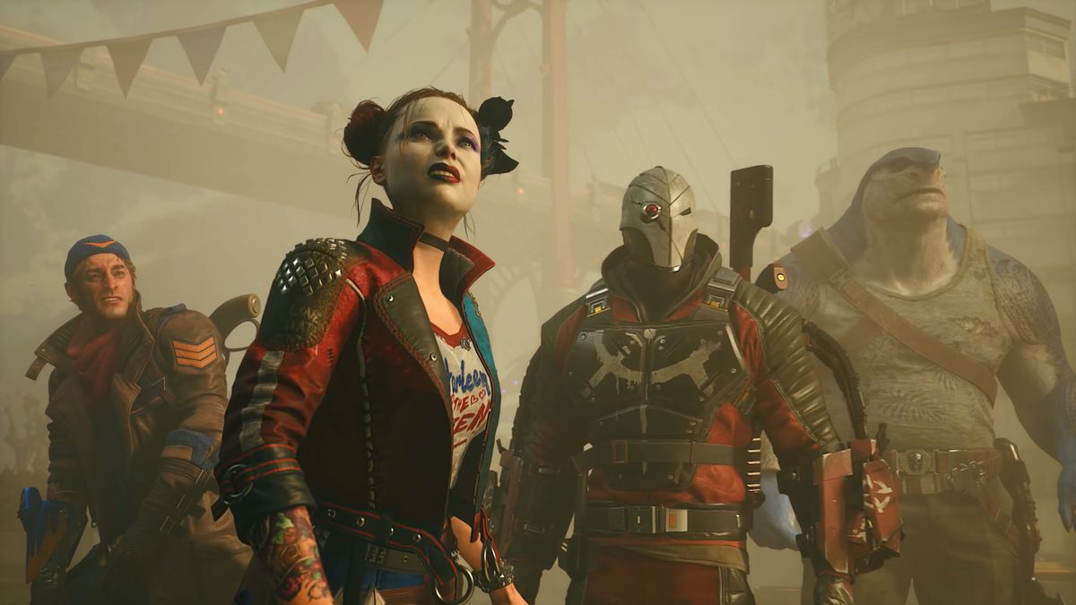 Captain Boomerang, Harley Quinn, Deadshot, and King Shark in SUICIDE SQUAD: KILL THE JUSTICE LEAGUE.