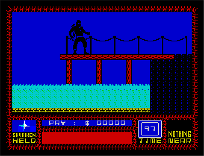 A ninja stands at the end of a wharf in Saboteur.