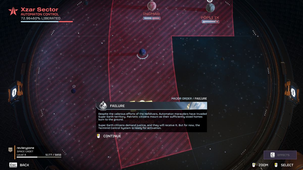 A screenshot of the Helldivers 2 map menu that shows a text box that says, “Failure: Despite the valorous efforts of the Helldivers, Automaton marauders have invaded Super Earth territory. Patriotic citizens mourn as their sufficiently-sized homes burn to the ground. Super Earth citizens demand justice, and they will receive it. But for now, the Terminid Control System is ready for activation.”