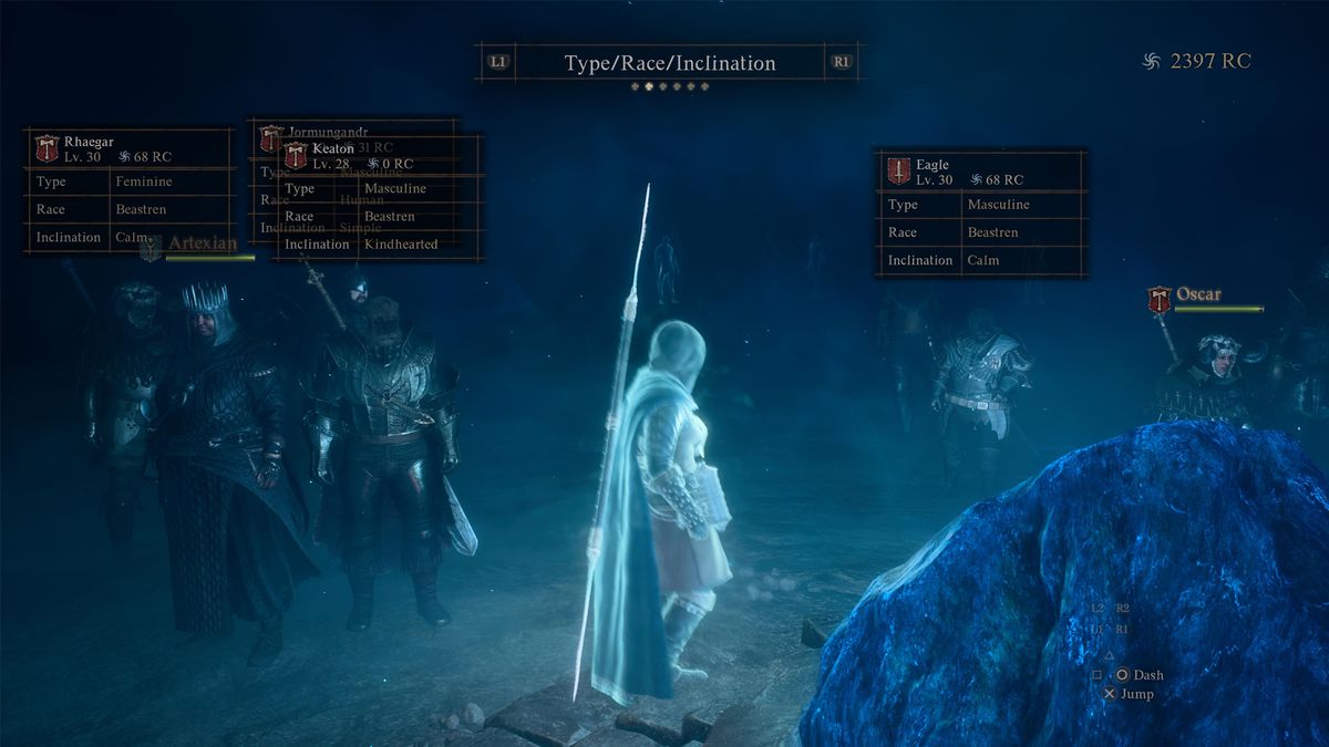 A Dragon’s Dogma 2 hero stands in the rift of a riftstone looking at a menu that filters pawns.