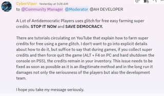 Arrowhead is aware Helldivers 2 players are using an 'undemocratic' exploit to easily farm Super Credits, but doesn't seem too worried about it