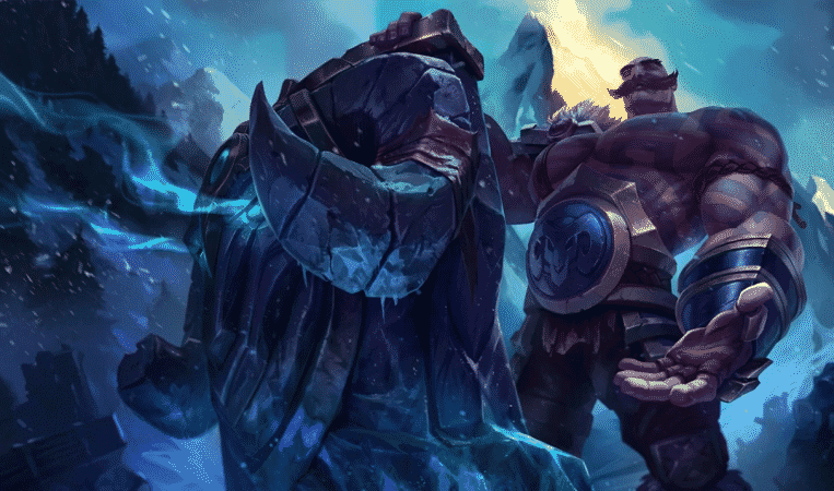 The splash art for League of Legends champion Braum, a muscular happy looking man holding a giant shield in the frozen north