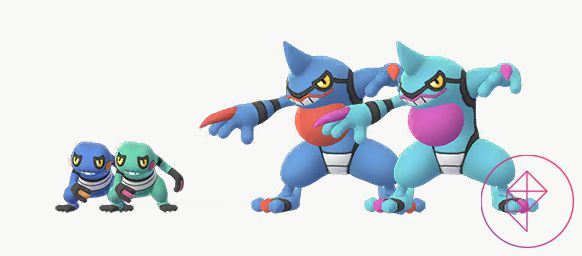 Shiny Croagunk and Toxicroak in Pokémon Go. Shiny Croagunk turns a minty green and shiny Toxicroak becomes a lighter blue.